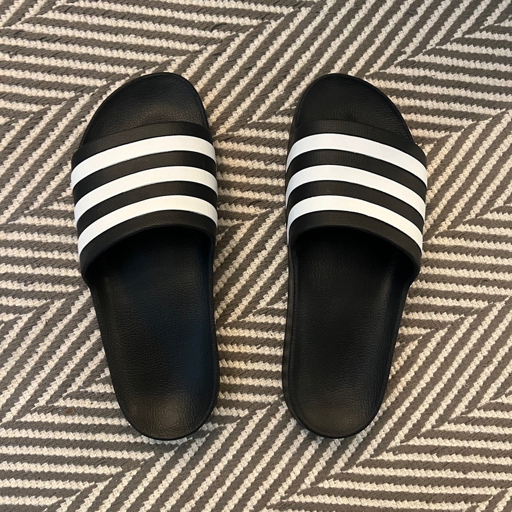 Adidas Slides — Black & White Stripes, Size 9